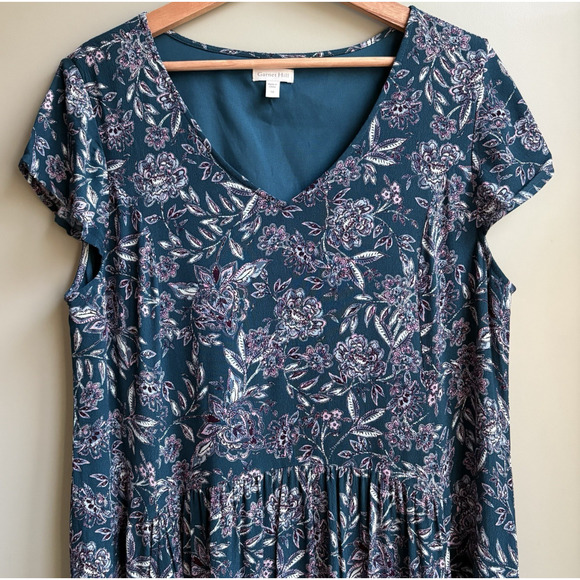 Garnet Hill Teal Floral Paisley V-neck Fit & Flare Dress Lined Pockets 12 Boho - Picture 2 of 16
